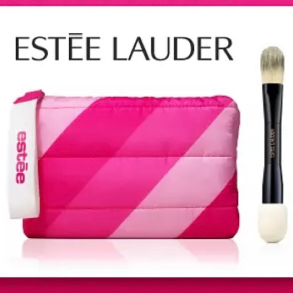NWT Estée Lauder Pink Puffy Cosmetic Bag and Foundation Blender Brush